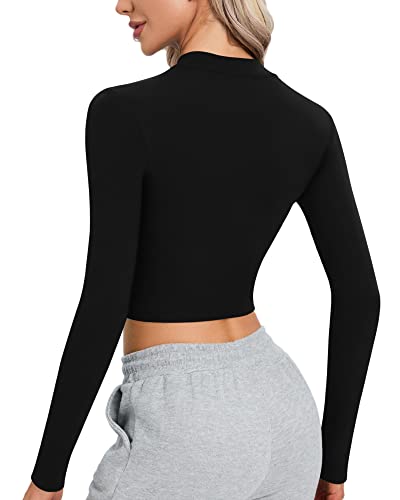 CLOZOZ Long Sleeve Crop Tops for Women Mock Turtleneck Zip Up Sexy Fitted Cropped Shirts Trendy3