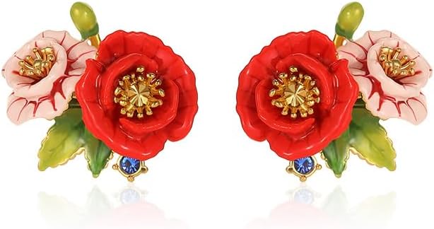 Pink Red Flower And Stone Enamel Stud Earrings Jewelry Gift Juicy Grape