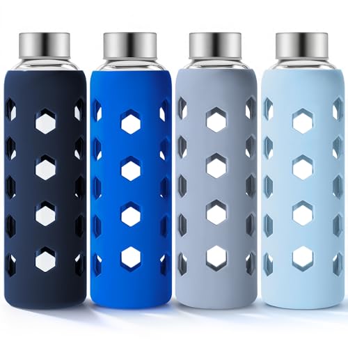 Mrsdry 18 oz Glass Water Bottles with Lids & Silicone Sleeves, 4-Pack