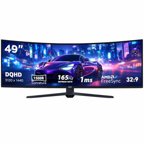 49-Inch Super Ultrawide Curved Gaming Monitor, 5120x1440 Dual QHD, 165Hz 1ms, 1500R VA Panel, FreeSync G-Sync Compatible, HDMI/DP, PBP Split Screen, Blue Light Filter, VESA Mount, for PC Mac Work