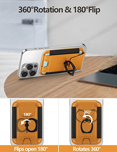 3-In-1 Magnetic Wallet With Phone Grip, Compatible With Magsafe Wallet And Phone Stand, Leather Privacy Flap, Magnetic Phone Wallet Holder With Phone Ring For Iphone 14/13/12 Series, 7 Cards, Orange #TOP2