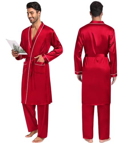 Image of SWOMOG Mens 3 PCS Satin Robe with Pants & Shorts Set Kimono Bathrobe Long Sleeve Sleepwear Pjs Sets with Pockets