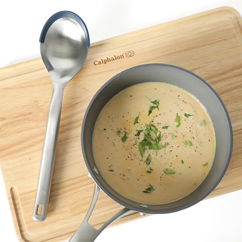 Image of Calphalon Prime Kitchen Spoon, Stainless Steel & Silicone Cooking Spoon with Navy Silicone Rim, Heat-Resistant Nonstick-Safe Spoon for Stirring, Mixing & Serving