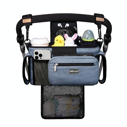 Image of TOPDesign Universal Baby Stroller Organizer, Stroller Caddy with Detachable Mesh Bag & Heightened Insulated Cup Holders & Non-Slip Secure Hooks Accessories, Fits Most Strollers (Blue)