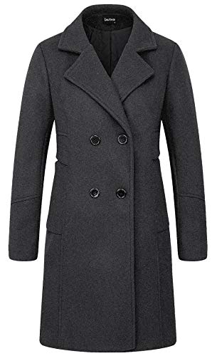 chouyatou Women's Basic Essential Double Breasted Mid-Long Wool Blend Pea Coat (Large, Grey)