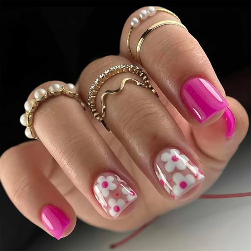 WISEWO Pink Press On Nails Short Square White with Floral