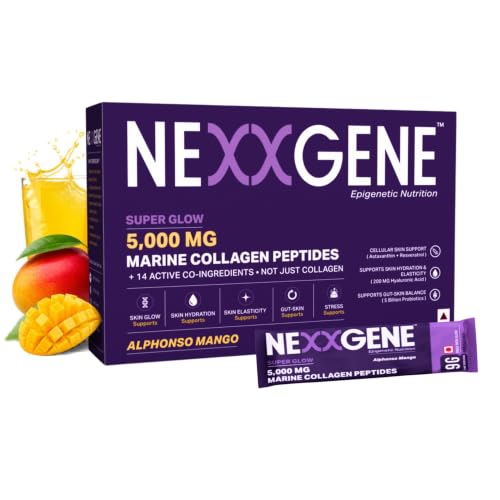 Image of Super Glow | Skin Radiance Drink Mix | 5000mg Hydrolyzed Marine Collagen Peptides Type I & III, +14 Active Ingredients | Astaxanthin, Hyaluronic Acid, Resveratrol, 5 Billion CFUs Probiotics | Alphonso Mango Flavour | 14 Sachets | 2 Weeks Supply