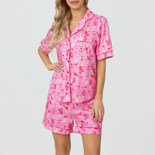 Image of Yiulangde Cowboys Boot Pajamas for Women Y2k 2 Piece Heart Bow Preppy Pjs Coquette Short Sleeve Shirts Matching Pj Shorts Set