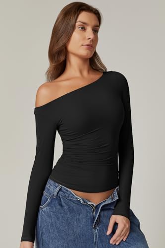 QINSEN Women's Sexy Off Shoulder Shirt Long Sleeve Double Lined Tops Side Ruched Fitted Tees3