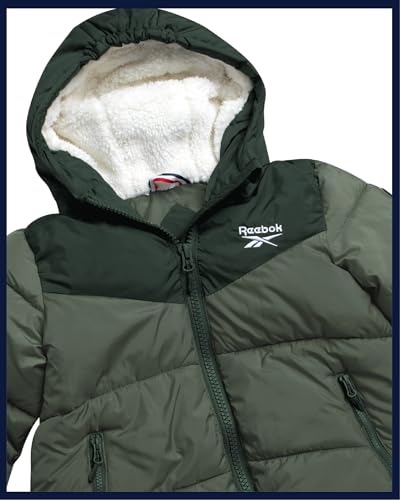 Image of Reebok Girls Heavyweight Poly Taffeta Puffer Jacket with Sherpa Hood | Insulated Quilting Locks in Warmth, Zip-Up Closure, Secure Pockets for Gloves, Cozy Protection for Cold-Weather Play