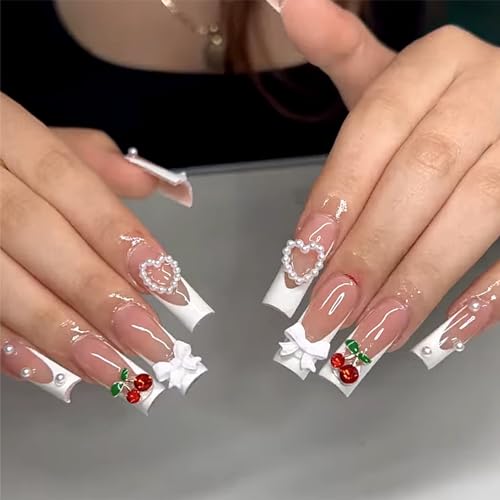 3D Cherry Bow Pearl Fake Nails White French Tip Press on Nails Extra Long Square False Nail with Design Glossy Full Cover Artificial Reusable Stick on Nail for Women Nail Art
