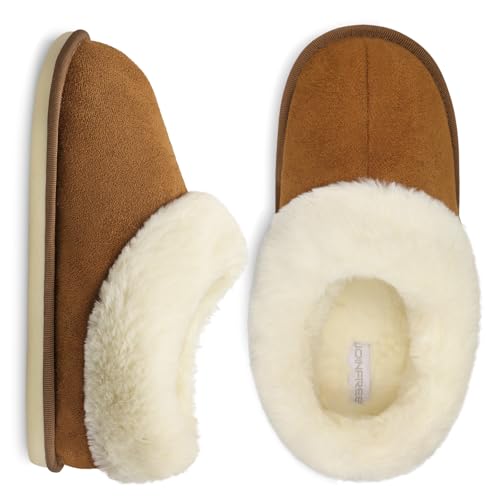 JOINFREE Women's Slippers Fuzzy House Shoes with Memory Foam Slip-on Comfy Bedroom Slippers Indoor Outdoor Shoes with Warm Faux Fur Collar