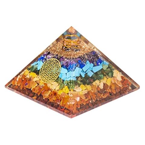 Pura Esprit 7 Chakra Crystal Orgone Pyramid - Flower of Life Crystals Pyramid Amethyst Lapis Lazuli Clear Quartz Crystal Orgone Positive Energy Orgonite Pyramid for - Empath Anti-Anxiety Smudge Kit Cover