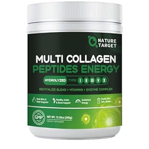 NATURE TARGET Multi-Collagen-Peptides-Powder – Hydrolyzed Collagen with Energy Blend + Multivitamin & Minerals, Supports Energy Skin Hair Nail & Joint, Non-GMO, 35 Servings