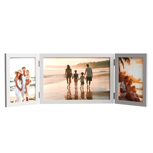 3 Picture Frame, 4x6 & 6x8 Triple Folding Hinged Photo Frames, Rustic Wood Desk Family Photo Collage Stand Vertical on Tabletop for Birthday Family Lover Gift (White)