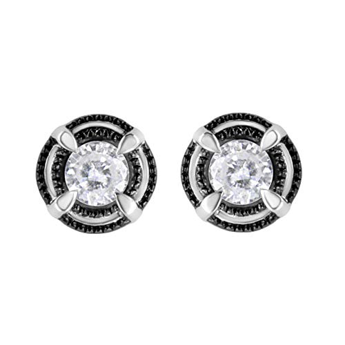 Black Rhodium Plated .925 Sterling Silver Round 1/2 cttw Diamond Double Halo 4-Prong Solitaire Milgrain Stud Earrings (H-I Color, I2-I3 Clarity)