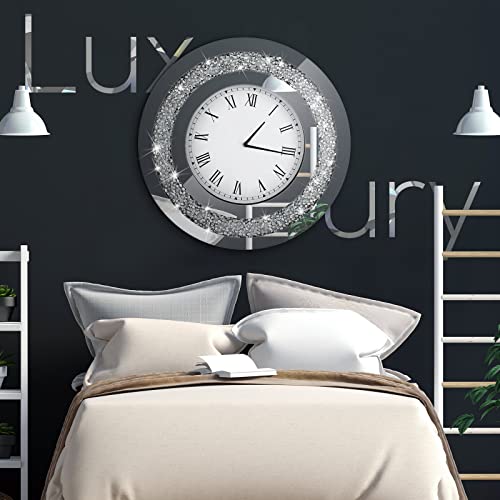 Laumoi Silver Round Mirror Clock Crystal Crush Diamond Mirrored Sparkle Twinkle Bling Diamond Decor Large Wall Clock Decoration For Glam Room Decor Glass Mirror Home Decor, Aa Battery Not Included #TOP3