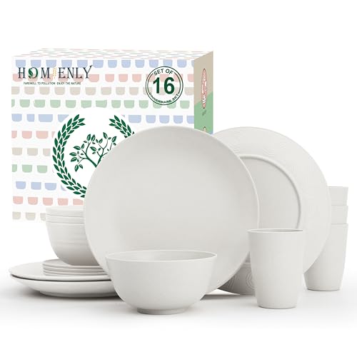 Image of Homienly Wheat Straw Dinnerware Sets - 16 PCS Unbreakable Dinner Plates,Dessert Plates,Cereal Bowls,Drinking Cups,Dishes Sets for 4,Reusable Dishwasher & Microwave Safe for Kitchen - White