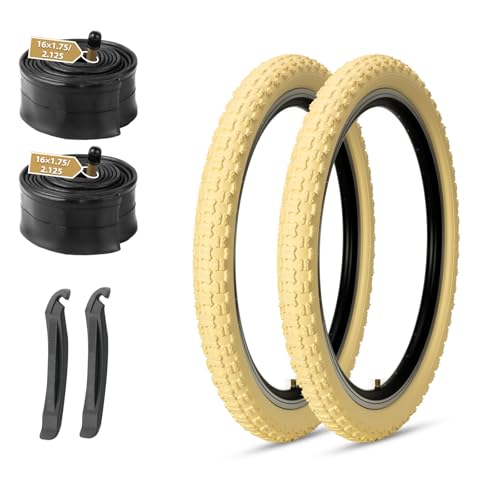 16 Inch Bike Tires Set: MOHEGIA 2-Pack 16x2.125 Inch Folding Kids Bicycle Tires and Pair Inner Tubes Schrader Valve with Tire Levers-Compatible with BMX MTB and Children Racing-Cream