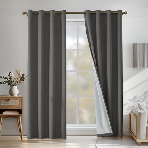 CYCMACO 100% Cortinas Opacas 2 Piezas, 140x260cm, Lino Cortinas Dormitorio, Cortina Termica Aislante Frio Y Calor, Modernas Suave Cortina Insonorizantes, para Salon Dormitori, Gris