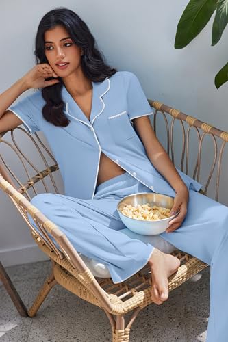 Image of Ekouaer Pajamas for Women Set Button Up Soft Pjs Short Sleeve 2 Piece Lounge Sets Comfy Sleepwear