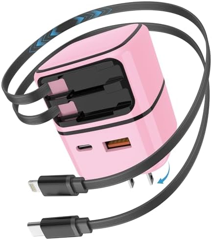 4-in-1 Retractable Gan Wall Charger Plug: 35W Fast Charging, Built-in USB C/Apple Cable, Dual USB-A/USB-C Ports, Charger Block for iPhone 17/16/15/14/13, iPad, Galaxy, Pixel, Travel Essentials, Pink