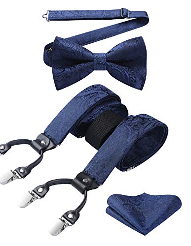 HISDERN Tirantes Hombres Paisley Azul Marino en Forma de Y con 6 Clips Conjunto de Tirante y Pajaritas Ajustables para Hombre