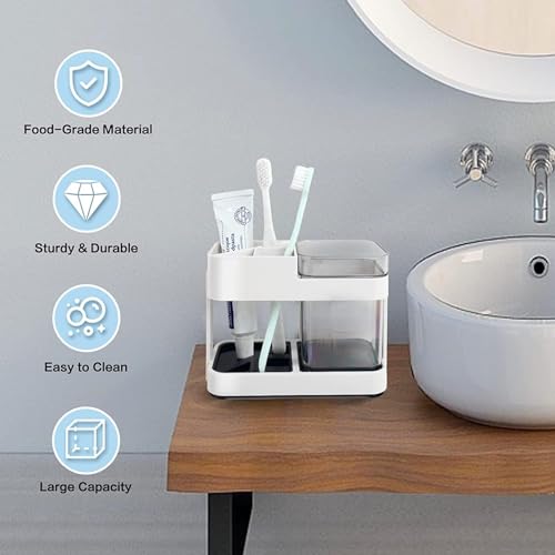 Image of STEFFAN Toothbrush Holder for Bathroom Wall, Toothbrush and Toothpaste Holder with 2 Cups, Multipurpose Bathroom Organizer, Durable Wall Mounted Brush Holder, Space Saving Bathroom Accessories