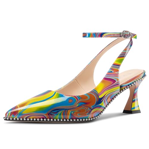 Image of NobleOnly Womens Slingback Heels Beaded Pumps Ankle Strap Pointed Toe Kitten Heels Dress Shoes 2.6 Inches