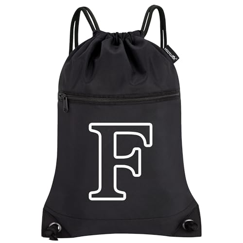 Image of HOLYLUCK Drawstring Bags Initial Backpack Sackpack Cinch Bags for Sports, Gym, Travel, Beach(Black-F)