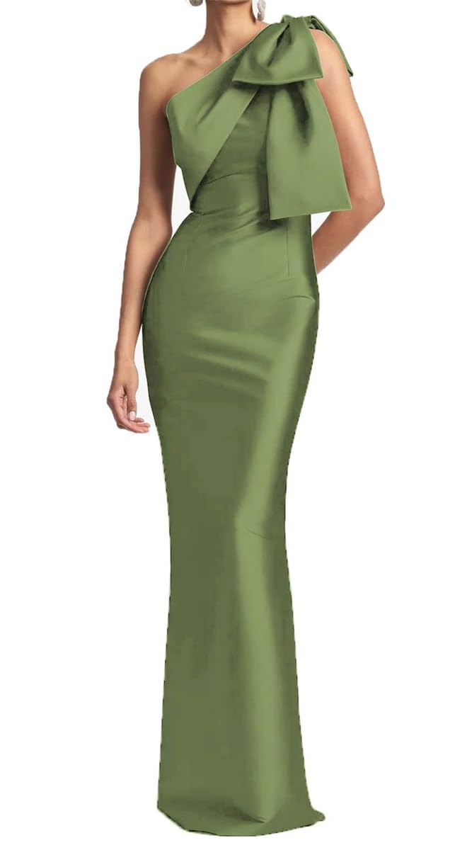 KURFACE Elegant Satin Formal Dresses for Women with Slit One Shoulder Bridesmaid Dress Olive Green Mother of Groom Gown UK14