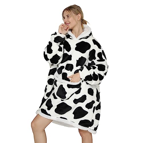 Shamdon Home Collection Oversized Blanket Hoodie,Sherpa FLeece Wearable Blanket Hoodie for Women Men,Soft and Warm Hooded Sweatshirt Adults with Giant Pocket Teenager,One Size Fits All,Cow - Image 3