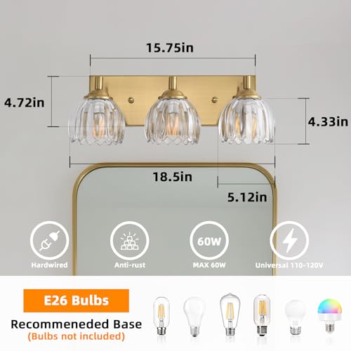Image of Bathroom Vanity Light Fixtures, 3-Light Brushed Gold Bathroom Light Fixtures Over Mirror, Antique Wall Lights with Clear Glass Glass Tulip Light Shade for Mirror, Kitchen, Hallway, Cabinet, Porch