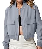 Amy Babe womens Cropped Bomber Jacket Button Down Varsity Jackets Shackets With Pockets Grey Small