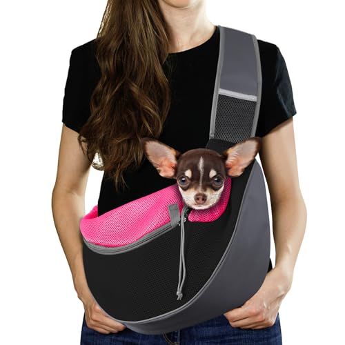 Pawaboo Trasportino per Cani, Borsa a Mano in Rete Traspirante per Cucciolo di Gatto, Coulisse con Cinghia Regolabile e Tasca, Borsa per Canis a Tracolla per Viaggi All'aperto, M, Magenta