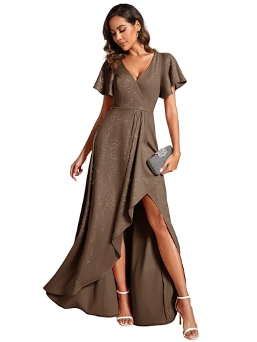 Ever-Pretty Women's Glitter High Low Ruffled Hem V-Neck Formal Dress with Sleeves 01738