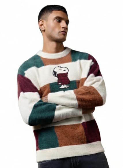 the souled store Peanuts: Snuggly Snoopy Men and Boys Full Sleeves Round Neck White and Green Color-Block Acrylic Oversized Fit Lightweight Embroidered Pullovers-picture-42