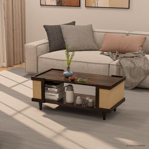 Image of Sudha Solid Sheesham Wood Coffee Table & Centre Table, Walnut Finish | Open Storage Shelf, Natural Rattan Cane Sides, Wooden Center Table for Living Room, Solid Sheesham Wood