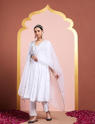 Image of Amazon Brand - Myx Women's Embroidered Anarkali Kurta Pant Set with Organza Dupatta | Salwar Suit (Available in Plus Sizes)