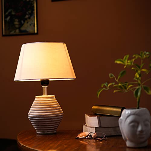 Image of PineCraft International Atury Table Lamp with Shade Night Lamp for Living Room, Study Room, Bedroom & Home Decor Gift Item 14 inch Height Wooden Study Lamp with Off White Shade