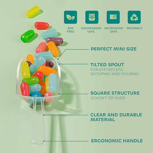 24-Mini Clear Acrylic Plastic Scoops for Candy - Ice Cream Bar, Jars, Containers, Coffee, Flour, Dessert Toppings, Buffets, Kitchen, Weddings, Parties & Concessions, Candy Buffet, 5.5\" Candy Scoops
