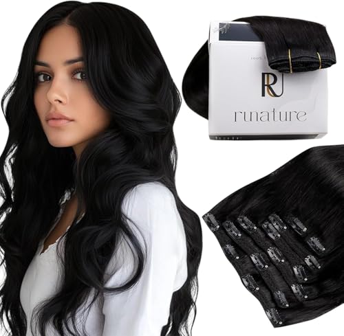 RUNATURE Clip in Hair Extensions Human Hair Black 25cm 7pcs 80g Hair Extensions #1B