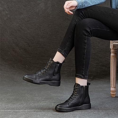 Ankle Combat Boots for Women,Genuine Leather Lace Up Side Zipper High-Top Ankle Boots Casual Platform Boots (Black,8.5)4