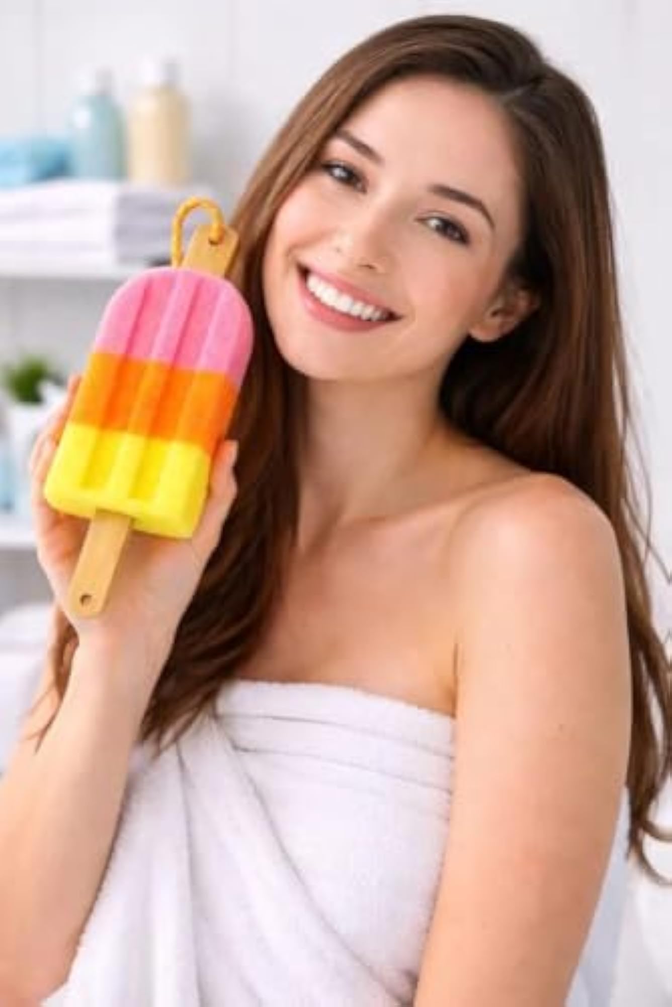 Ice Cream Bath Sponge with Wooden Handle, Soft Exfoliating Scrubber