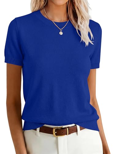 Image of ANRABESS Womens Short Sleeve Sweaters Wool Blend Crew Neck Sweater Shirts Business Casual Work Tops 2026 Summer Outfits