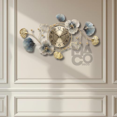 Image of Decorative Metal Floral Wall Clock for Hall with Gold Tone Round Face, Sculpted Blue Leaves, Quiet Analog Wall Clock for Bed Room Luxury Home Decor Accent