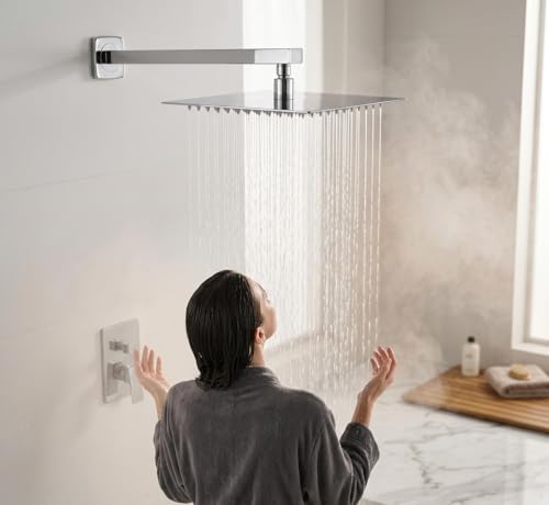 Image of ALTURAS Stainless Steel Square Overhead Shower Rain Shower Head for Bathroom With Arm (8in shower with 12in arm)