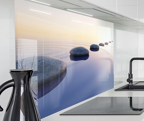 timalo Spritzschutz Wand für Herd, Küche Küchenrückwand Glasoptik | Acryl Glas 2mm | Glasrückwand Acrylglas Wandpaneele Küchenspiegel | 80x50cm See mit Steinen