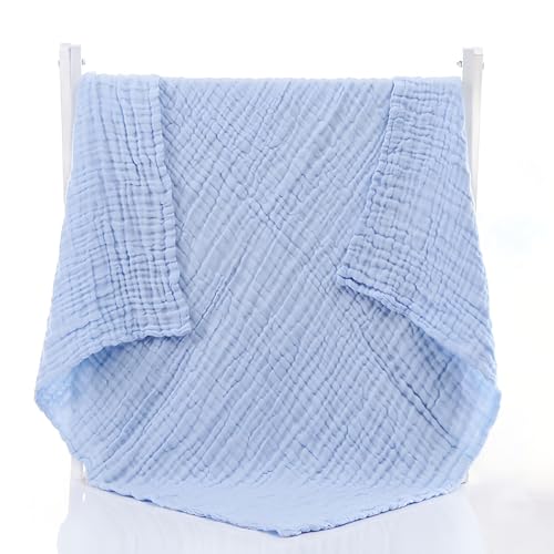 Image of Aablexema Baby Muslin Bath Towels - Set of 2 Large Size 43X43 Inches Swaddle Blanket for Newborn Toddlers Boys Girls (White & Blue)