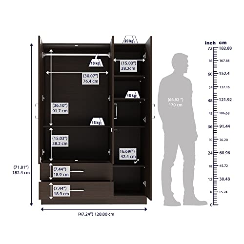 Image of Wakefit Wardrobe | 1 Year Warranty | Engineered Wood Almirah, Cupboard for Clothes Storage | 3 Door, 1 Drawer, 1 Hanging Space | Organza Plus - Wenge